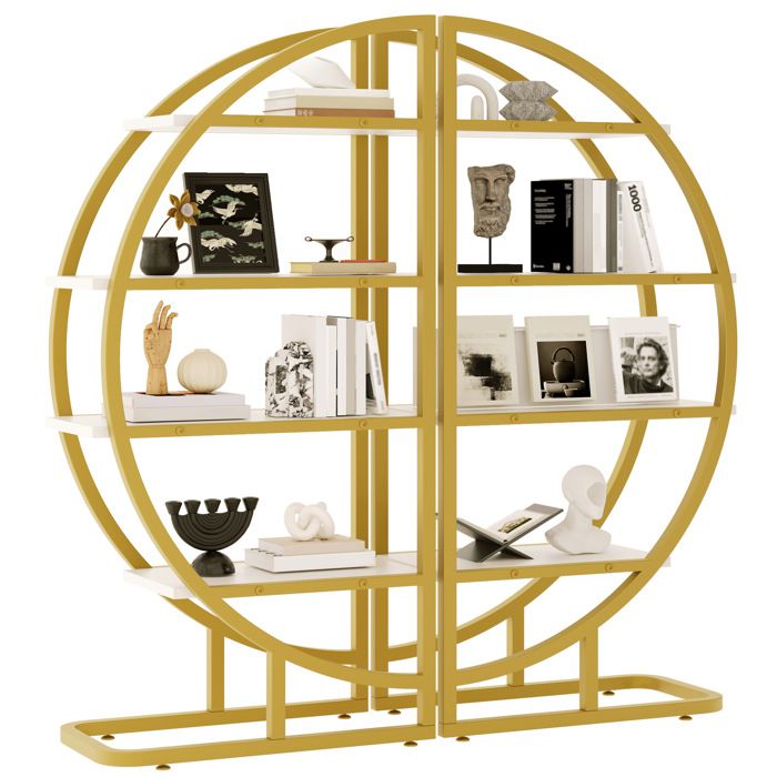 [ELVORIN] Bibliothèque étagère arc modulable 2 pièces 120 x 30 x 130 cm métal et MDF 4 étagères or et blanc