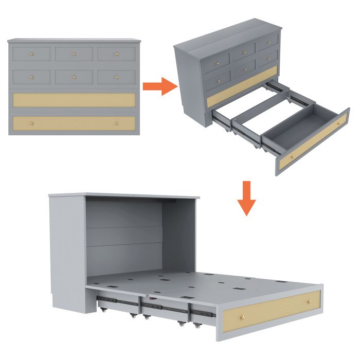 Lit escamotable 140 x 200 cm gris convertible en armoire tiroirs étagère prise et USB sans matelas