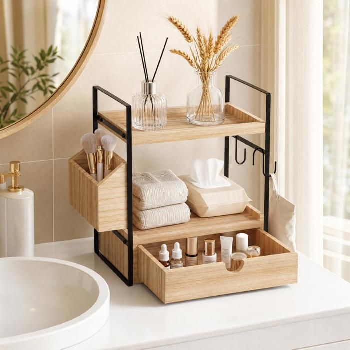 HOMEWELL. Étagère De Rangement Multifonction Avec Tiroir Et Panier De Rangement Latéral 33 X 17 X 40 CM Bois Naturel