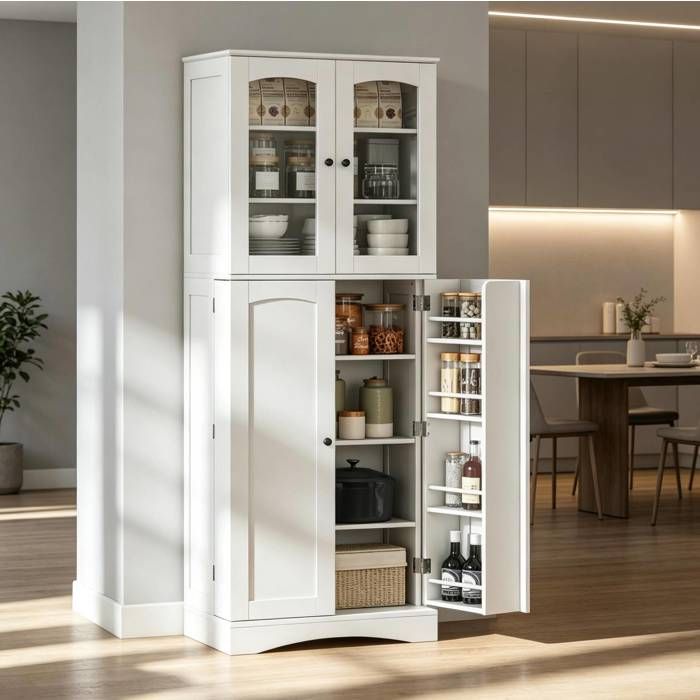 Meuble de rangement colonne de cuisine blanc 60 x 40 x 162 cm avec portes vitrées et étagères réglables JOINERY