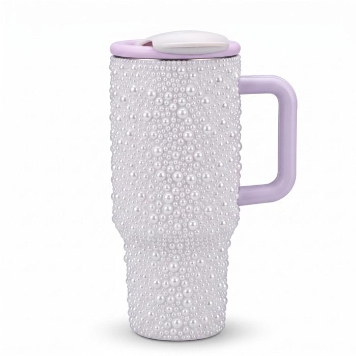 Mug isotherme avec paille et poignée ergonomique gourde XXL en inox perles nacrées tasse tendance rose violet