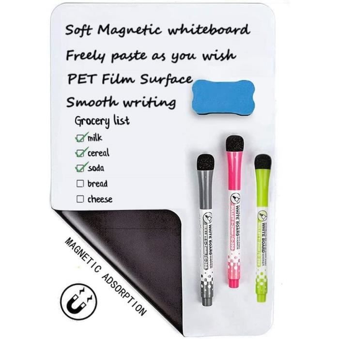Tableau Blanc Magnétique pour Frigo, A4 Tableau Aimanté pour Mémos avec 3 Stylos et 1 Gomme pour