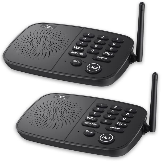 Interphone sans fil -HOSMART- 10 Canaux - Appel de groupe - Surveillance audio - Pour domicile et lieu de travail (pack de 2)