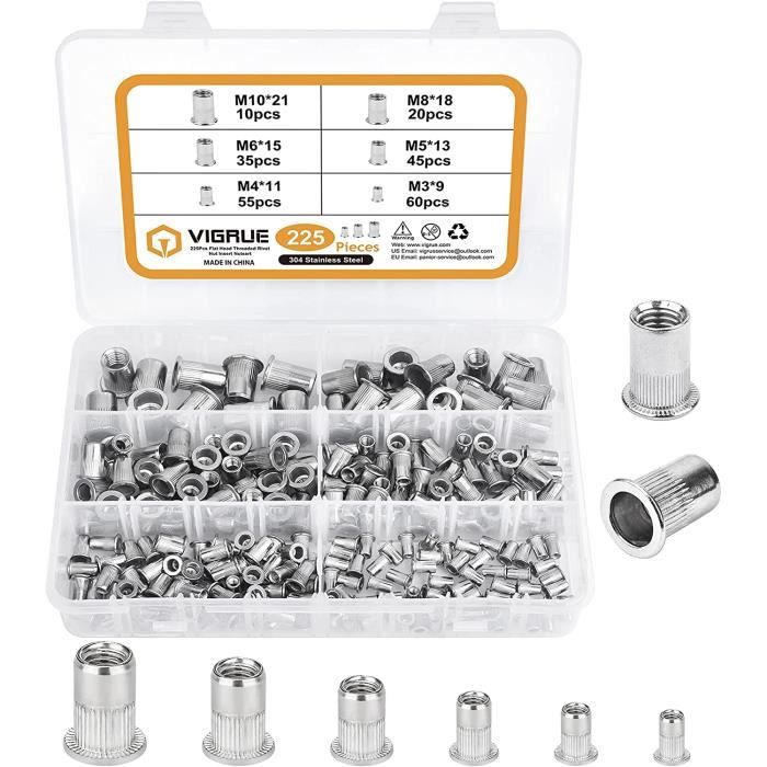 Kit De 186 écrous à Riveter (M3 à M10) + 6 Mandrins - Pour Fixation Sans Outil - Acier Au Carbone