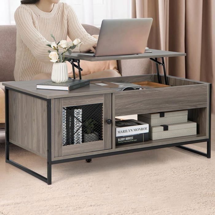 GOPLUS Table Basse à Plateau Relevable Table de Salon avec Tiroir Rangement Caché Charge Maxi. 60KG 104X55X58CM Gris
