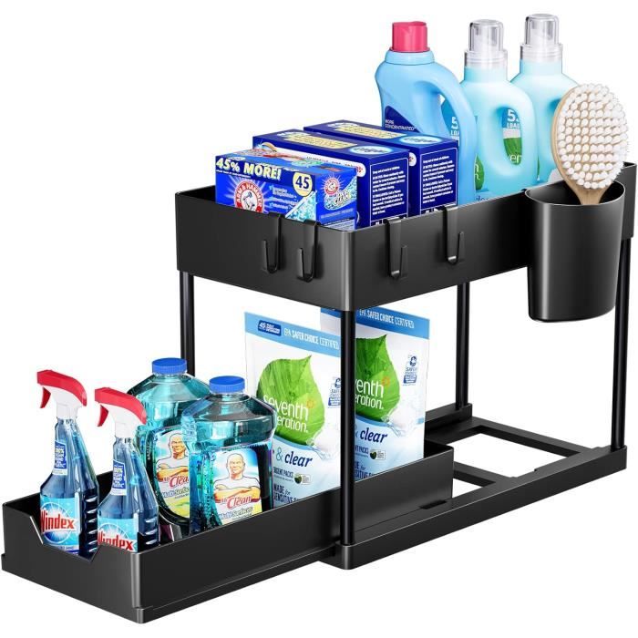 Étagère Extensible 2 Niveaux Sous évier – En Métal, Rangement Cuisine Ou Salle De Bain, Noir