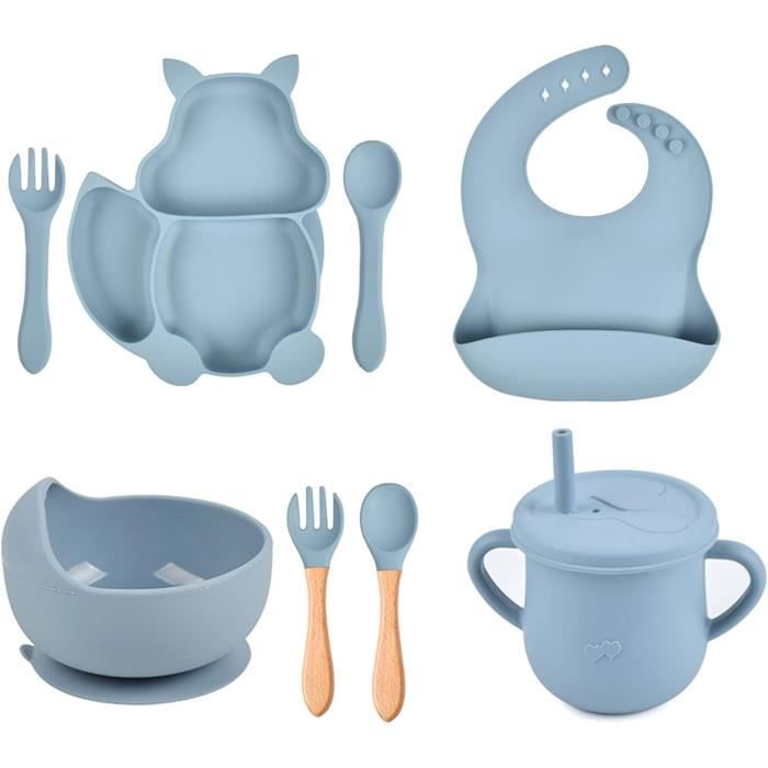 Coffret Repas Bebe,Lot de 8 Silicone Assiette Bébé Set avec Ventouse sans  BPA Set de Vaisselle pour Bébé Enfants(Bleu Clair) - Cdiscount Puériculture  & Eveil bébé