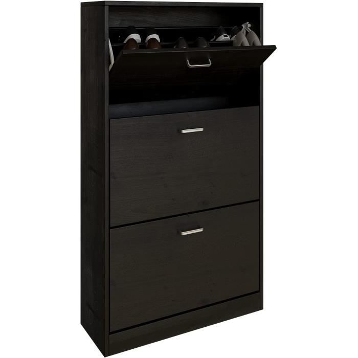 Meuble à chaussures gain de place en bois, 3 portes rabattables, moderne, 60 x 24 x 120 (Noir