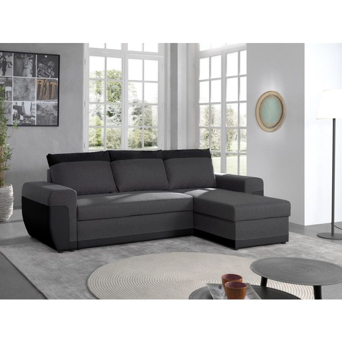 milan canape d angle reversible 4 places convertible avec coffre en simili et tissu couleur noir gris cdiscount maison