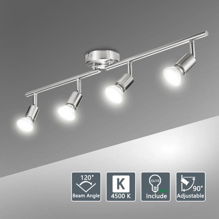 Bojim Plafonnier LED 4 Spots Orientables, 4 X 6W Ampoule GU10, Eq.54W, Blanc Neutre, Nikel Mat, Applique Plafond, 230V, Non