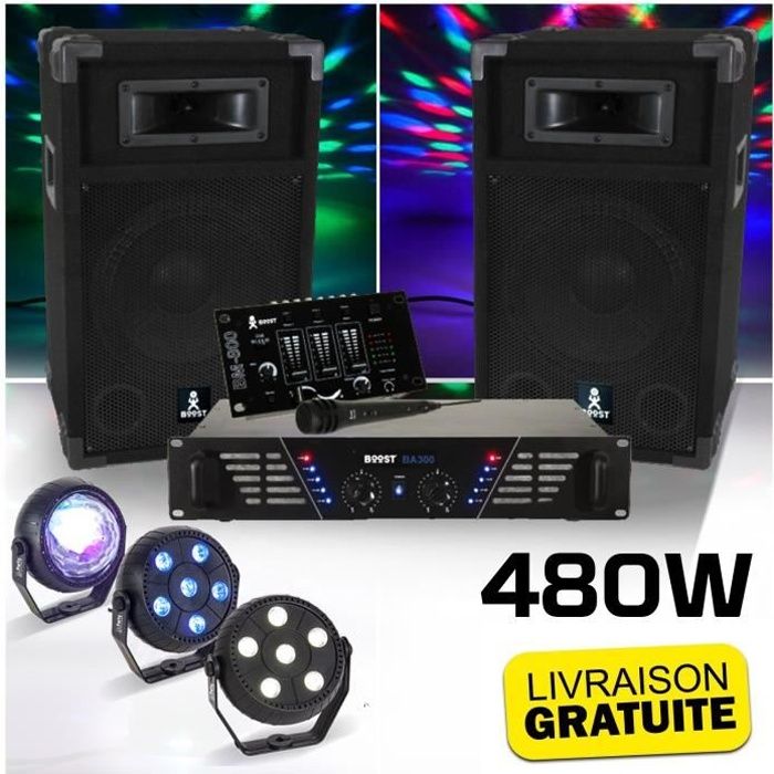 BOOST DJ-300 Pack sonorisation avec Enceintes Table de mixage Amplificateur 480W + Pack de 3 jeux lumière à led PARTY-TRIFX