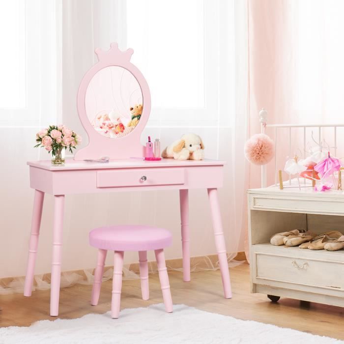 coiffeuse enfant - costway - style princesse européenne - miroir - tiroir - rose