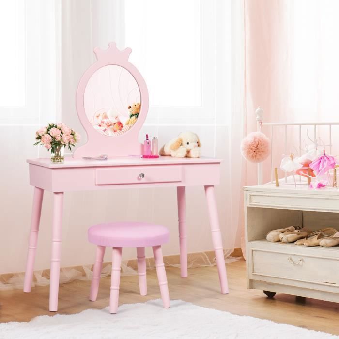 COSTWAY Coiffeuse Enfant avec Tiroir et tabouret Table de Maquillage de Filles Style Princesse Européenne Blanc