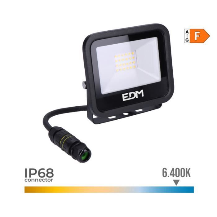 Projecteur LED 20W Noir étanche IP68 - EDM - Luz fría 6400K - Dimensions 12,4x10,6x2,8cm