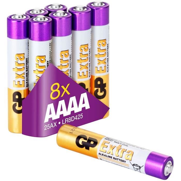 Piles AAAA - Lot de 8 Piles | GP Extra | Batteries alcalines LR8D425 - Utilisation dans stylos numériques, stylets, lumières laser