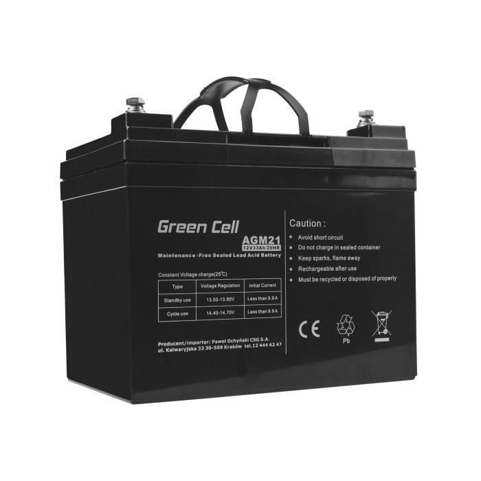 Batterie AGM VRLA - Green Cell - 12V 33Ah - Dimensions 196x133x170mm - Terminal B3 - Sécurité maximale