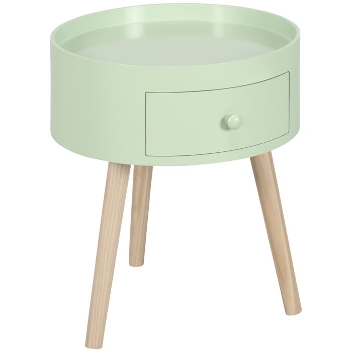Table basse - table de chevet - HOMCOM - ronde design scandinave avec tiroir pieds effilés inclinés - bois massif - vert