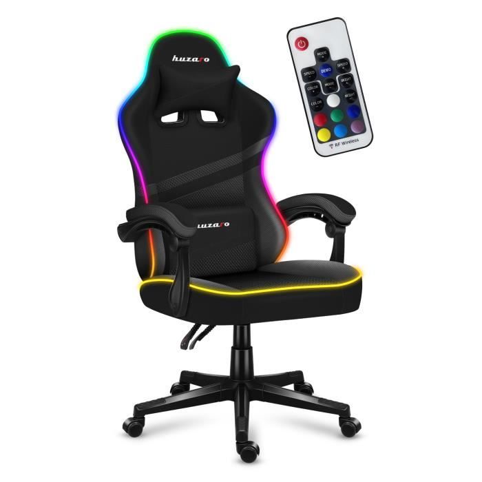 Chaise gaming HUZARO FORCE 4.4 LED RVB Noir Hauteur réglable Support Lombaire Têtière Chaise bureau Ergonomique Pc gaming
