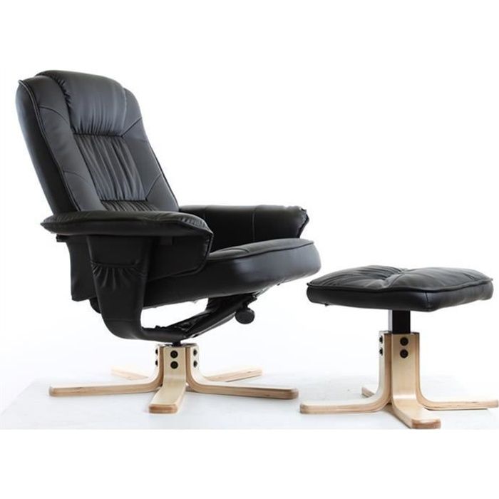 fauteuil de relaxation charly avec repose-pieds/pouf siège pivotant dossier inclinable assise rembourrée relax, en synthétique noir
