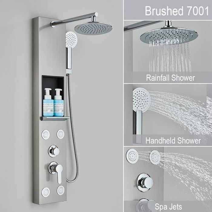 Panneau de douche avec support de rangement Ensemble de robinetterie pour douche à effet de pluie SPA Massage Jet Baignoire Douche