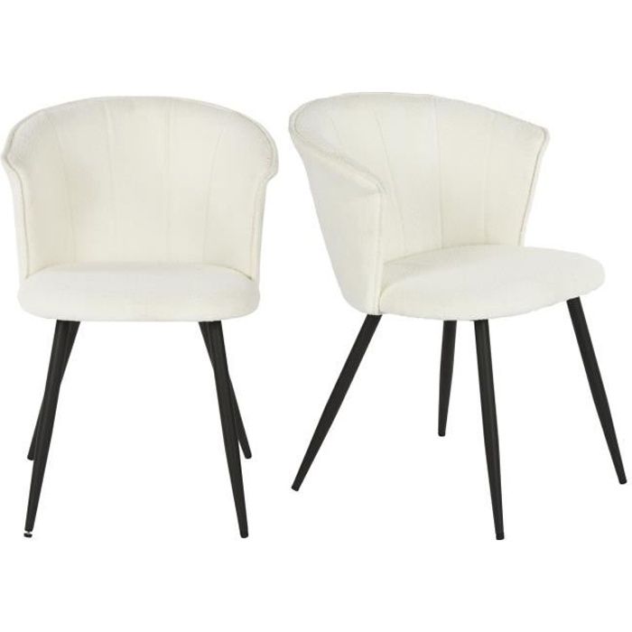 meubles cosy lot de 2 fauteuils chaises salle à manger,tissu effet laine bouclée crème,peds en métal noir,style scandinave