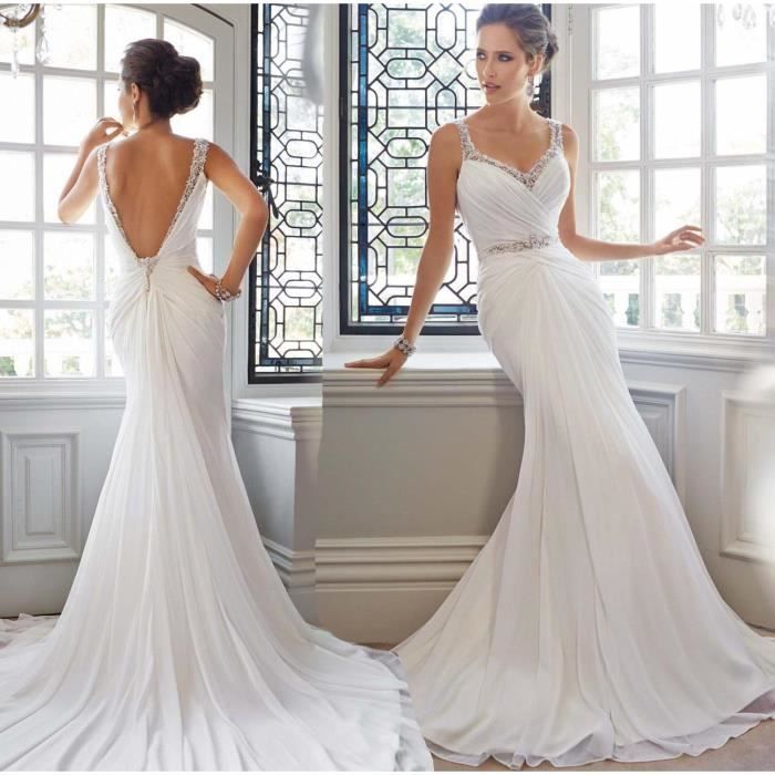 Robe De Mariee Retro Sexy Sexy Double Epaule Profonde V Diamant