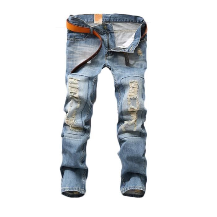 Jeans Homme slim personnalise troue Jeans Hommes a la mode Vintage avec plis Bleu Bleu Cdiscount Pret a Porter