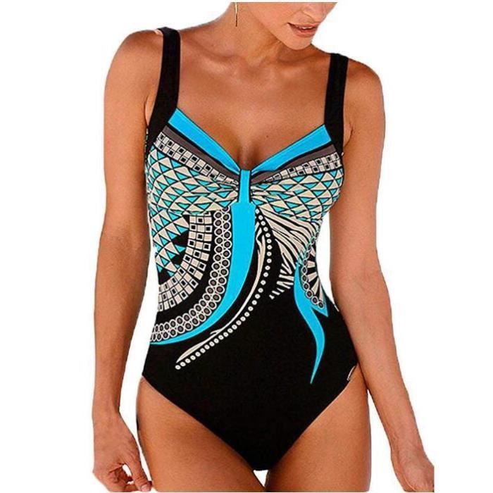 femme maillot de bain 1 piece monokini vintage amincissant imprime dos nu ventre plat bikini de plage beachwear bleu cdiscount pret a porter