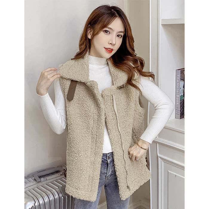 Gilet pour femme en laine d agneau col montant nouveau automne et hiver 2020 ample decontracte avec poche et fermeture eclair Beige Cdiscount Pret a Porter