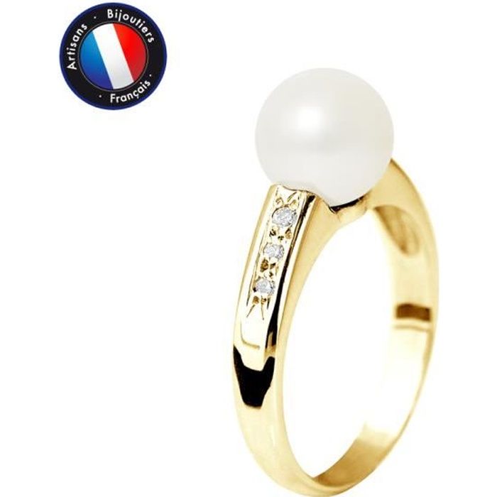 PERLINEA - Bague Véritable Perle de Culture d'Eau Douce Ronde 8-9 mm - Colori Blanc Naturel - Diamant - Or Jaune - Bijou Femme