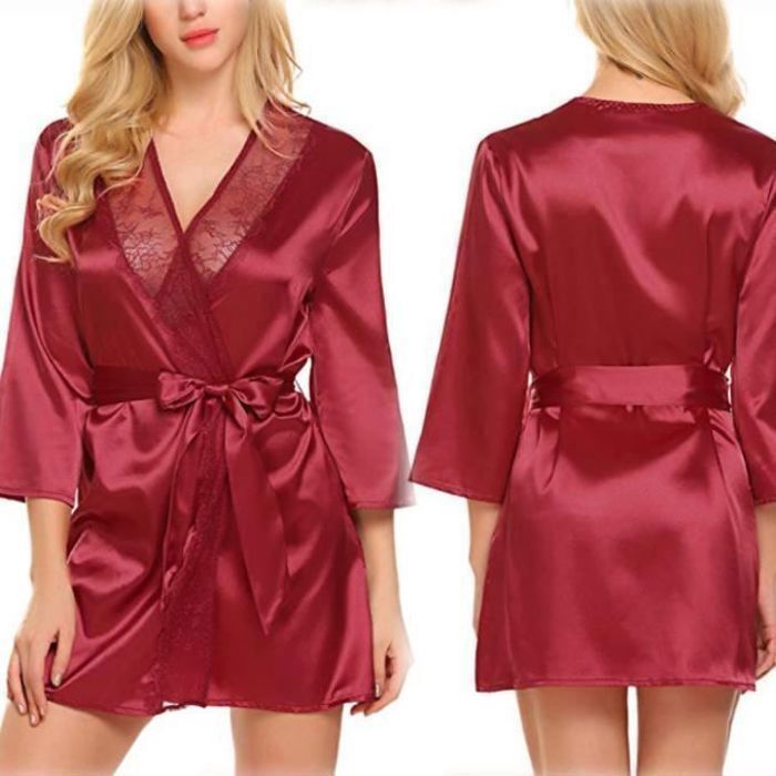 Peignoir Kimono Femme Satin Rouge Leger Col V Ceinture Rouge Cdiscount Pret a Porter