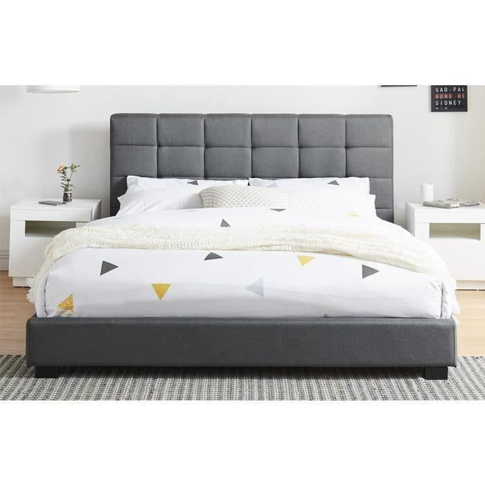 Lit Adulte Avec Tete De Lit Capitonnee En Tissu Gris Fonce
