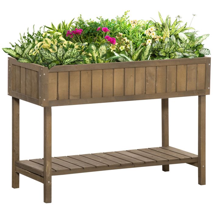 Jardinière sur pieds carré potager avec étagère dim. 110L x 46l x 76H cm 8 compartiments & inserts d'irrigation bois de sapin marron