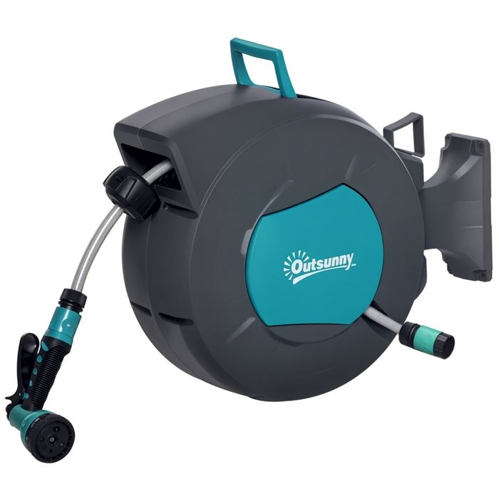 Enrouleur automatique - Outsunny - tuyau arrosage pivotant 180° tuyau 15+14 m lance support - plastique - turquoise gris