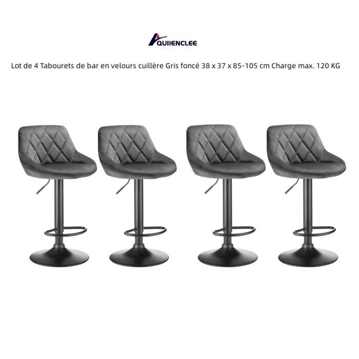 Tabourets de bar en velours cuillère - QUIIENCLEE - Lot de 4 - Gris foncé - Pieds en métal - Charge max. 120 KG