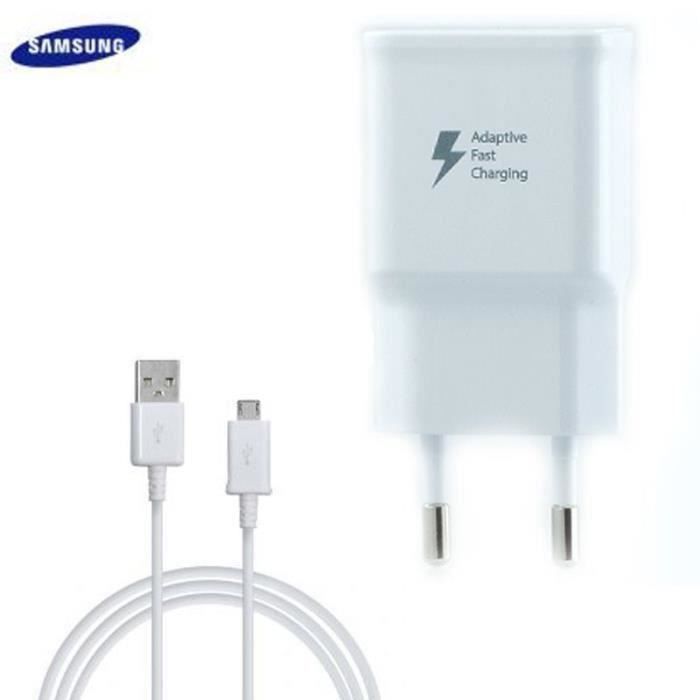 Chargeur Samsung Galaxy S6 S6 Edge S6 Edge Plus S7 S7 Edge Charge Rapide AFC 2A Blanc + cable 1,2 M USB-micro USB
