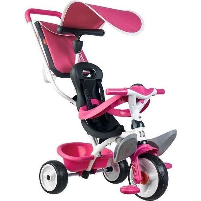 Tricycle évolutif SMOBY Baby Balade Rose - Roues silencieuses et canne parentale réglable - Garantie 3 ans