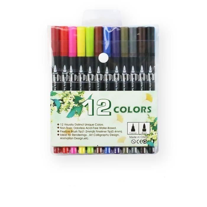 Chuntin-Feutres12 Feutres PinceauxFeutre Coloriage pour Dessin Peinture  Coloriage AdultePorte-stylo Noir