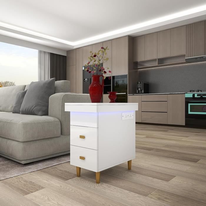 Table De Chevet LED LEADZM Avec Chargeur USB - 3 Tiroirs, 16 Couleurs RGB, Blanc - Idéale Chambre