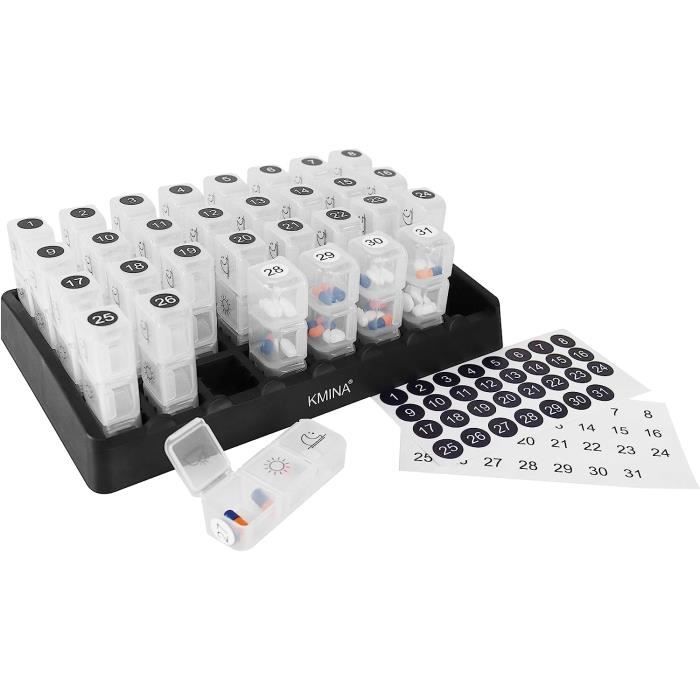 Pilulier Mensuel 31 Jours Avec Compartiments AM/PM - 32 Cases - Gris - XINHOME