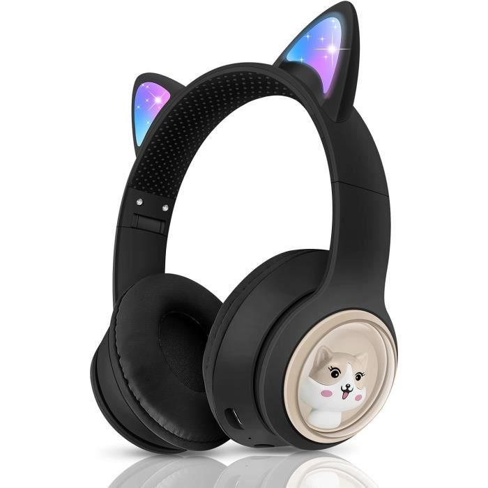 Casque sans fil pour enfants - Oreille de chat sur oreille Bluetooth Casque  RGB Lumières clignotantes Casque pliable Micro intégré TF Mode FM pour enfants  Filles Garçons Adultes (noir)