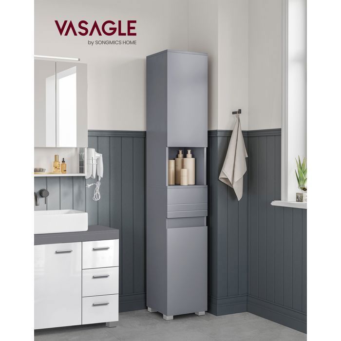 VASAGLE Armoire de Salle de Bain Colonne avec Tiroir Étagères Réglables Compartiments 30 x 30 x 170 cm Gris