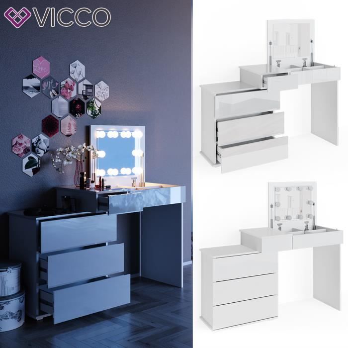 Vicco Coiffeuse , Blanc, 123cm avec éclairage LED et tabouret