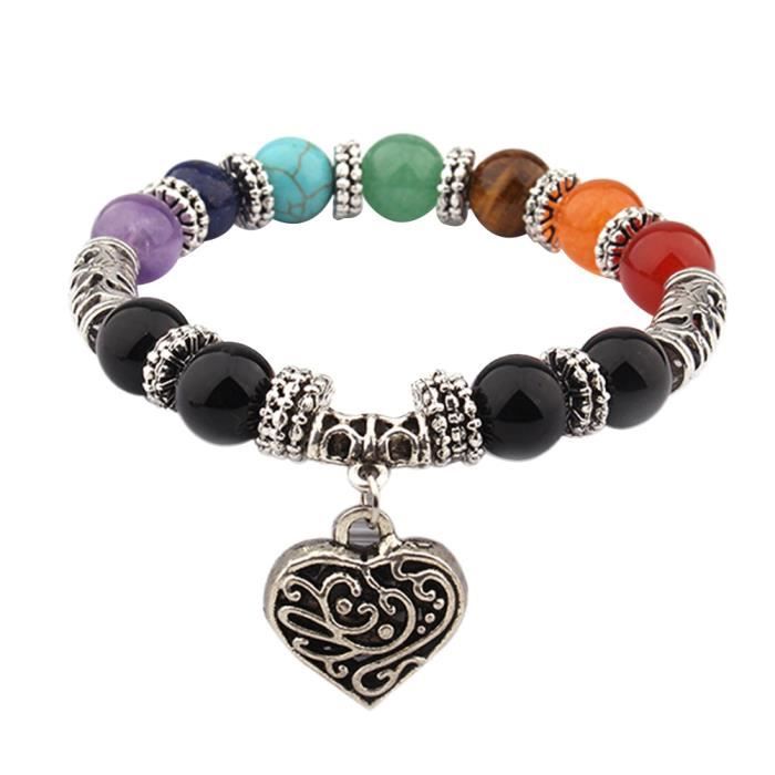 1 pc Perles Naturel Agate Pierres De Mode Bracelets Yoga Reiki Équilibre Chakra Guérison Charme Coeur BRACELET - GOURMETTE - JONC