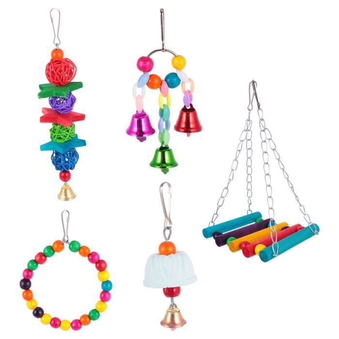 Lot De 6 Jouets Suspendus Pour Perroquets - Balançoire En Bois Et Métal Avec Cloches - Coloré - Pour Petites Et Moyennes Cages à Oiseaux