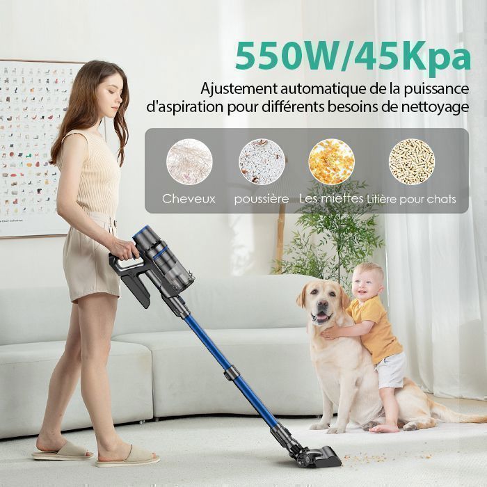 Aspirateur Balai Sans Fil Linkifly A10 – 550W, 60min D'autonomie, Brosse Rotative, Bleu