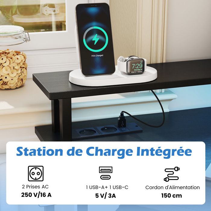 Bureau D'angle Gaming Avec LED Et Station De Charge - Plateau Clavier Réglable, étagère, Crochets