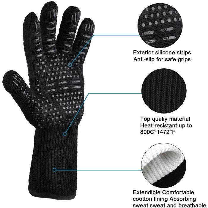 Paire De Gants De Barbecue Résistants à 800°C – Fibre Aramide + Silicone, Antidérapants, Lavables, 35,5 Cm (Noir)
