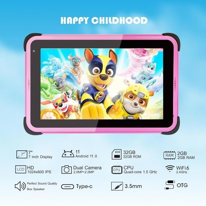 Tablette éducative Pour Enfants 7" Android 13 - 5Go RAM, 32Go ROM, Contrôle Parental, étui Antichoc Rose, Cadeau Fille Garçon - 5