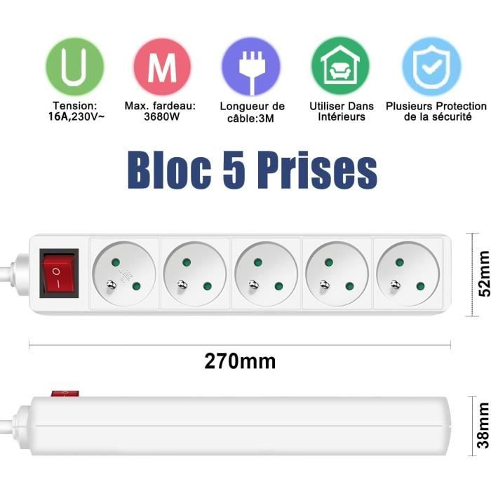 Barre Multiprise 6 Prises Avec Interrupteur Et Sécurité Enfant Câble Blanc 5 M & Zenitech